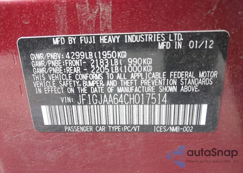 2012 Subaru Impreza 2.0I from USA, damaged, VIN JF1GJAA64CH017514